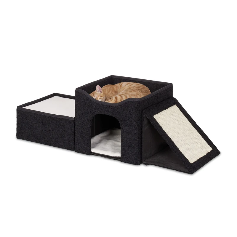 Relaxdays Cat Cave, Foldable, 3 Loungers, Pet House with Scratching Area, HxWxD: 36,5x112x41 cm, Kitten Hideaway, Black, Polyester, 36.5x112x41 cm