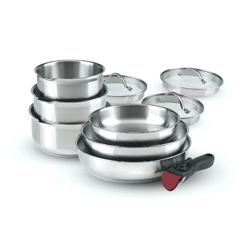 Qdesign - 10-Piece Induction Cookware Set - Set of 3 Saucepans, 3 Frying Pans and 3 Lids Strainers with Removable Handle - Stainless Steel - Set for All Heat Sources - Silver