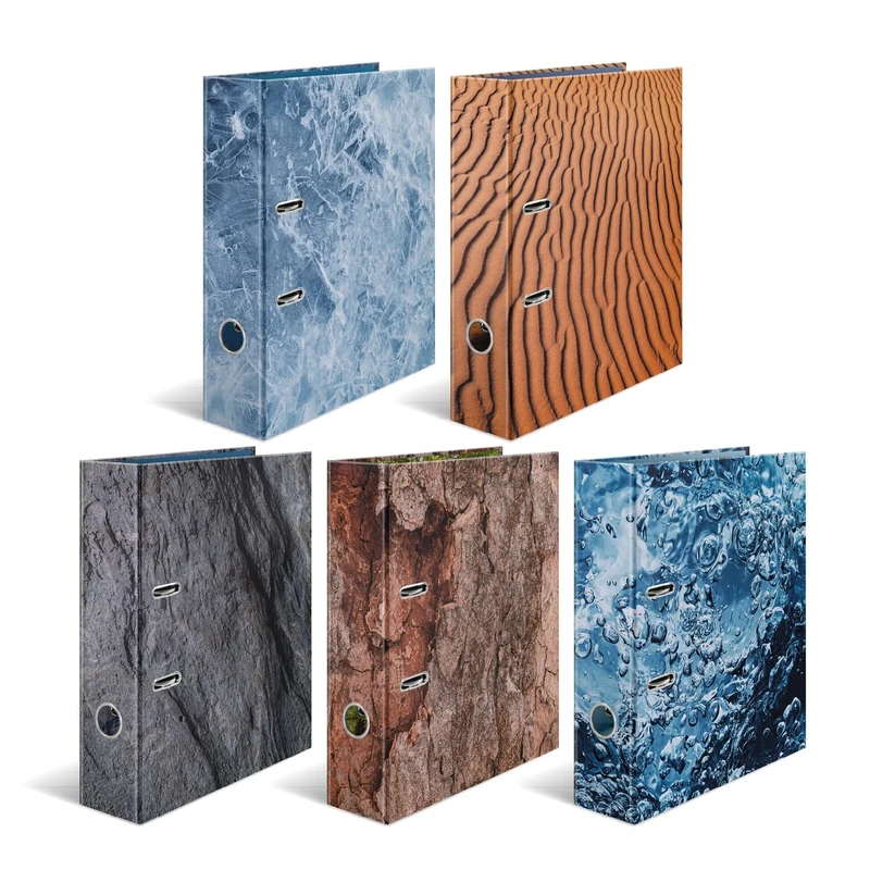 HERMA 19649 Folder A4 Natural Assortment, Pack of 5, 7 cm Wide, Cardboard Folder with Inner Print for School and Office, Sturdy Children's Ring Binder Set Made of Cardboard for Boys and Girls