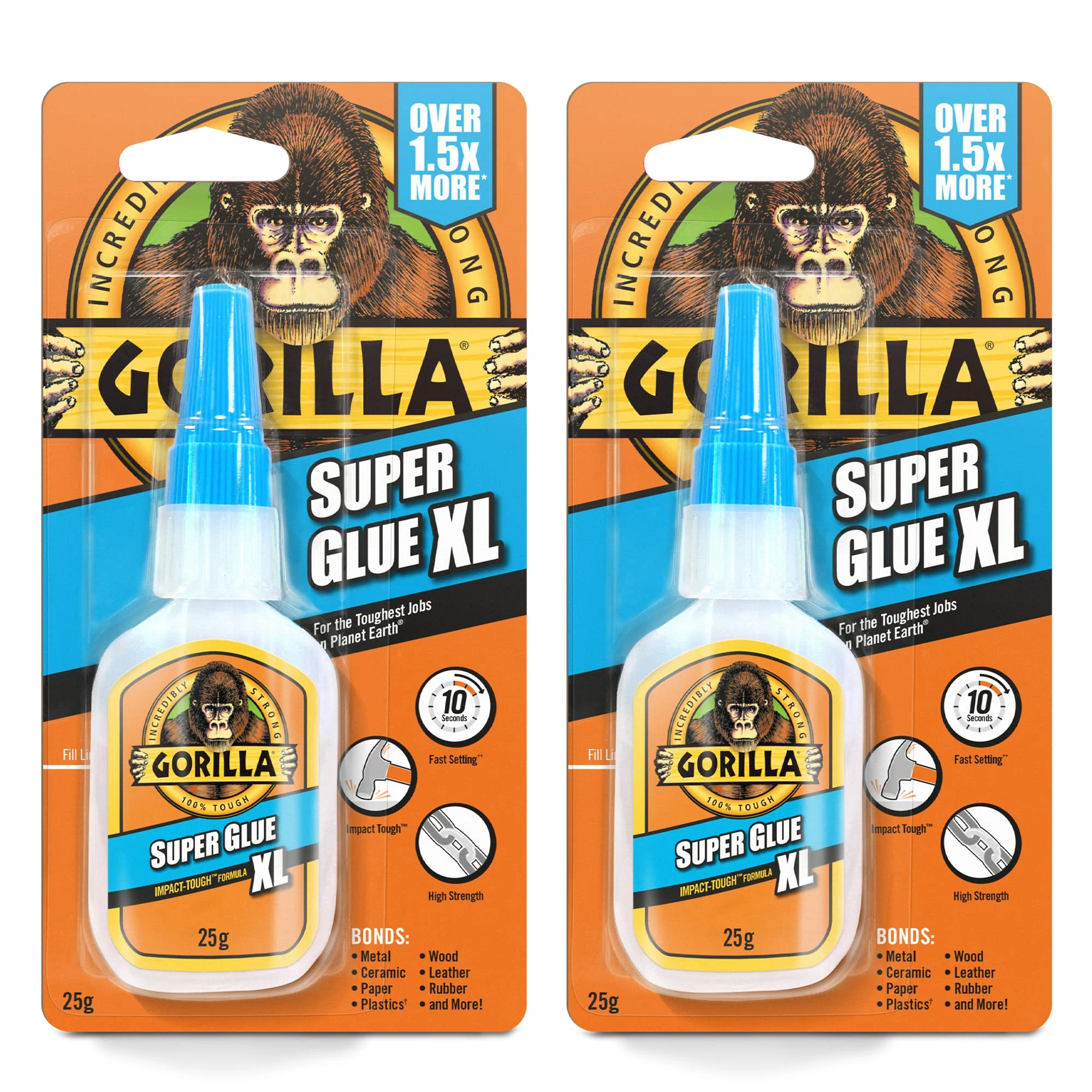 Gorilla Super Glue XL 25g (2 Pack)– All Purpose Adhesive, Fast Setting & Impact Tough with Anti-Clog Cap