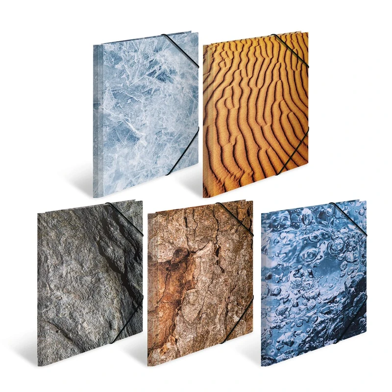 HERMA 19772 Portfolio Folders A4 Natural Assortment, Pack of 10, Children's Cardboard Corner Folder with Haptic Finish, Inner Print and Elastic Band, Sturdy Cardboard Folders Set for Boys and Girls