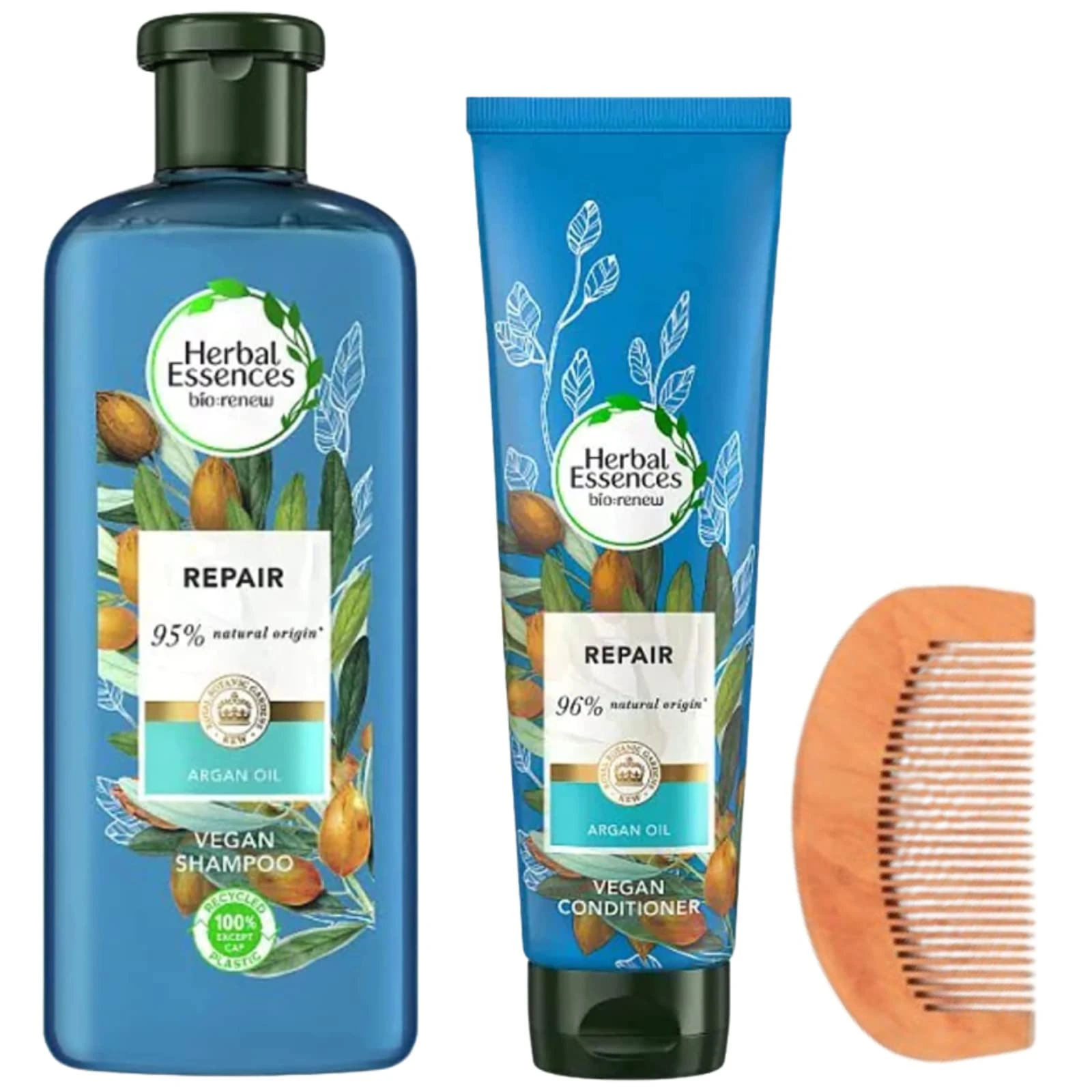 Moroccan Argan Oil Herbal Essences Shampoo Conditioner Set with 1x Argan Oil Shampoo 400ml, 1x Argan Oil Conditioner 275ml, 1x CHG Hair Comb - Dull Dry Damaged Women Hair Soft Shiny Smooth