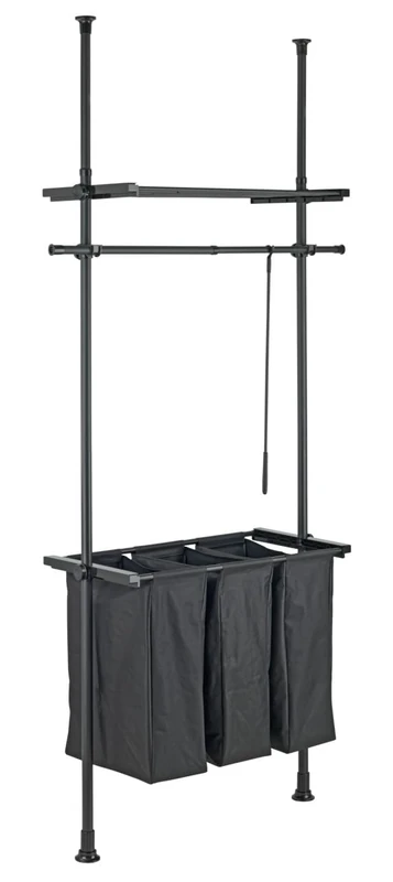 WENKO Herkules Laundry Telescopic System with Laundry Sorter - 3 Compartments with Carry Handles, Includes Main Bars, Crossbar, Tray and Hanging Aid - Black