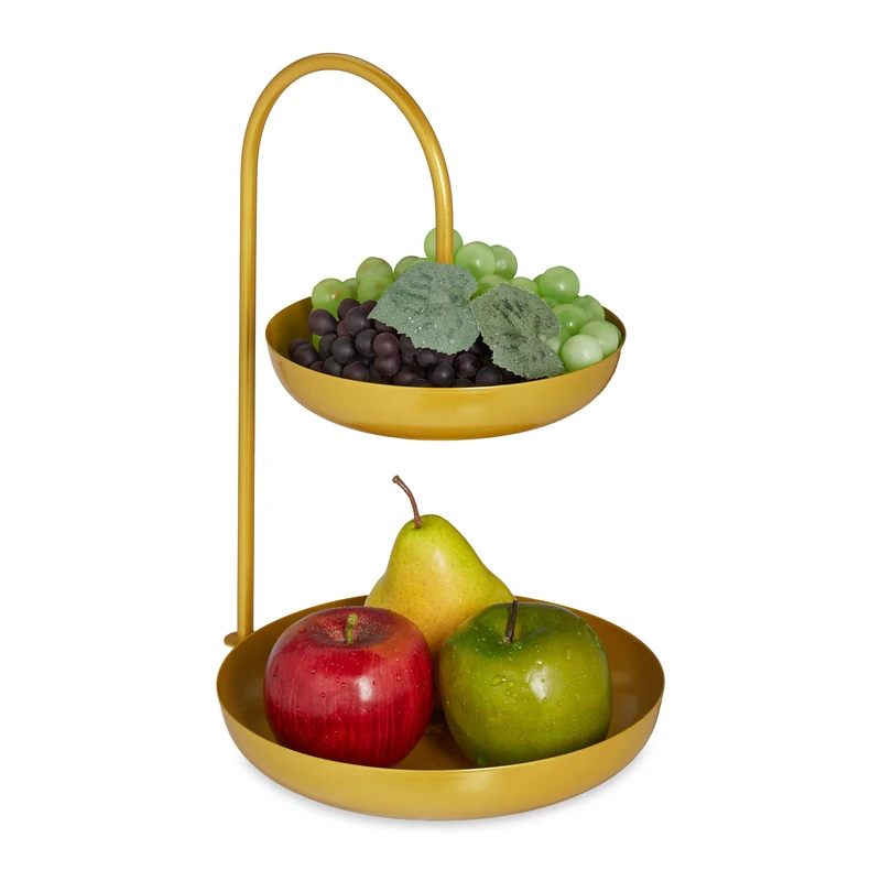 Relaxdays Fruit Etagere, 2 Tiers, Metal, HxWxD: 31x23x20 cm, Decorative Round Bowl, also for Vegetables & Biscuits, Gold, Iron