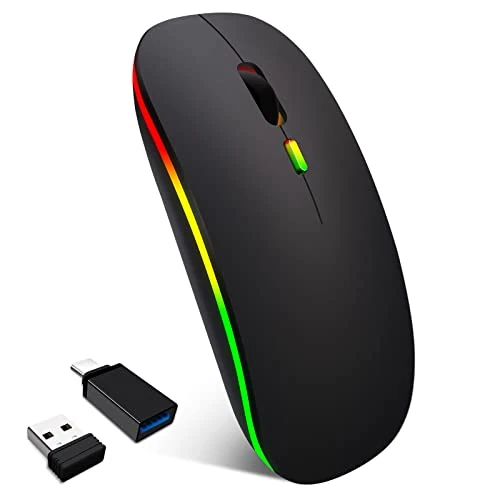 Qxvnm RGB Wireless Mouse, Rechargeale Bluetooth Mouse for Macbook Pro/Air/Mac/iPad/Laptop/Chromebook/Computer -LED Dual Mode(USB 2.4Ghz + Bluetooth 5.1) with USB C Adapter -Silent Mouse (Black)