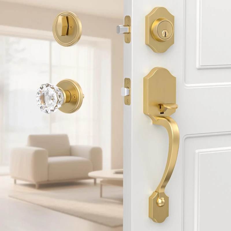 newliplace Front Door Lock Set, Gold Front Door Handle with Single Cylinder Deadbolt and Crystal Glass Knob, Reversible for Left & Right Handed Door, Satin Brass Finish