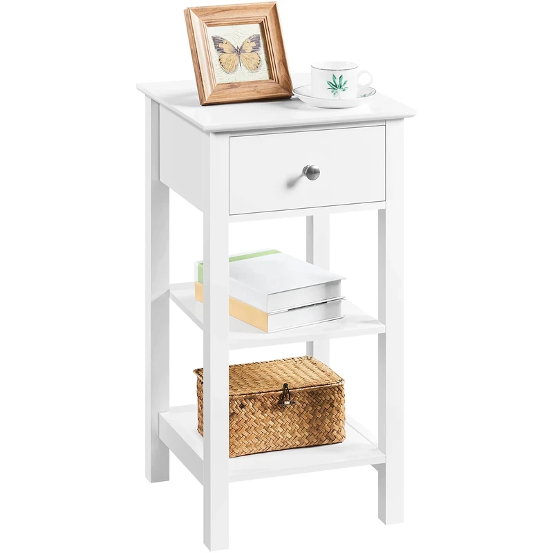 Yaheetech White Bedside Table, Wooden Narrow Nightstand Cabinet with Drawer & 2 Shelves, Tall Telephone Sofa Side table for Living Room Bedroom Hallway, 35×35×70cm