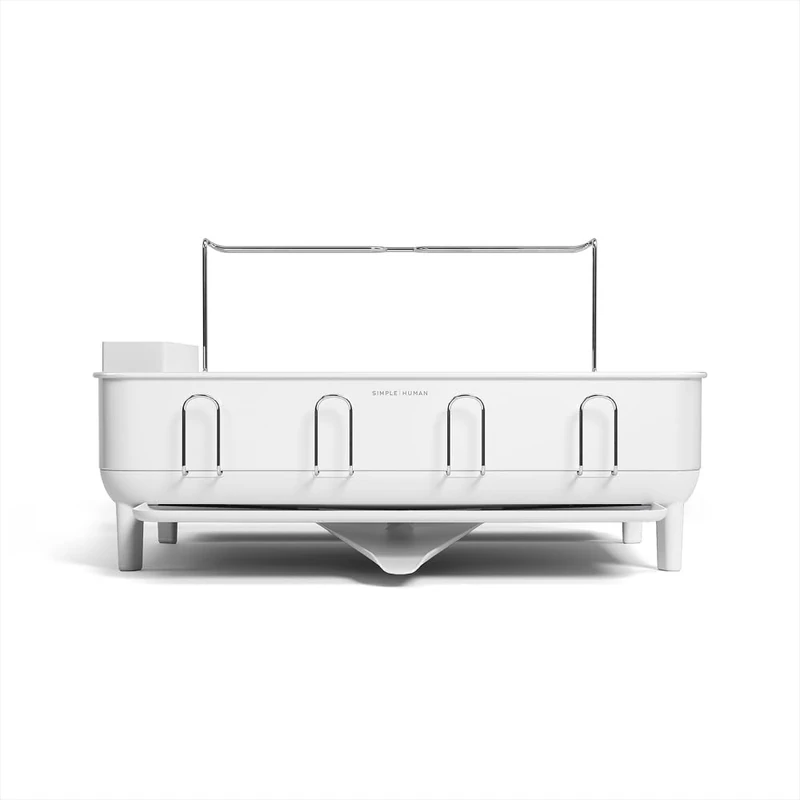 simplehuman Steel Frame Dishrack, Large Capacity Dish Drainer Rack, 360º Easy Drain Swivel Spout, Cutlery & Wine Glass Holder, Anti-Residue Coating, Moisture Control Surface, White