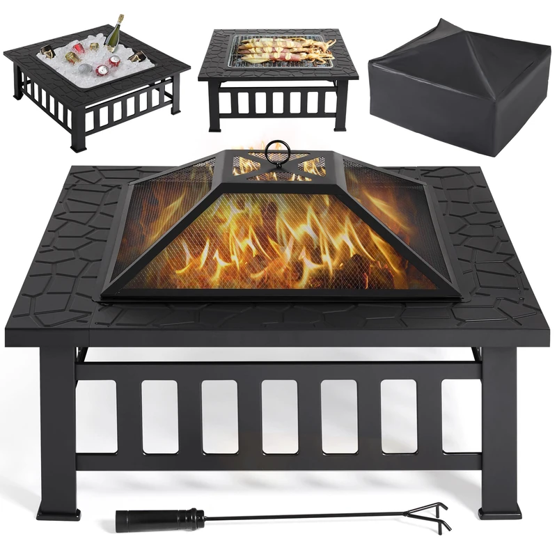 Yaheetech Square Fire Pit, 86cm Outdoor Patio Heater Table for Barbecue, Heating, Cooling Drinks w/Cover & Poker, Wood & Charcoal Burning, Black