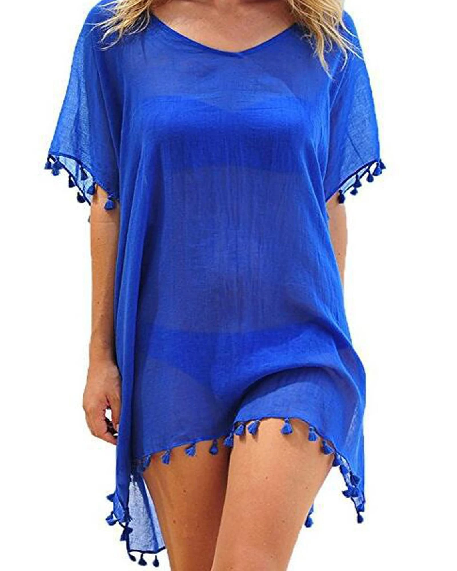 Women Swimsuit Cover Ups Solid Color Cutout Beach Cover Ups V-Neck Short Sleeve Hollow Out Crochet Dress Beachwear (Z-Blue, One Size)