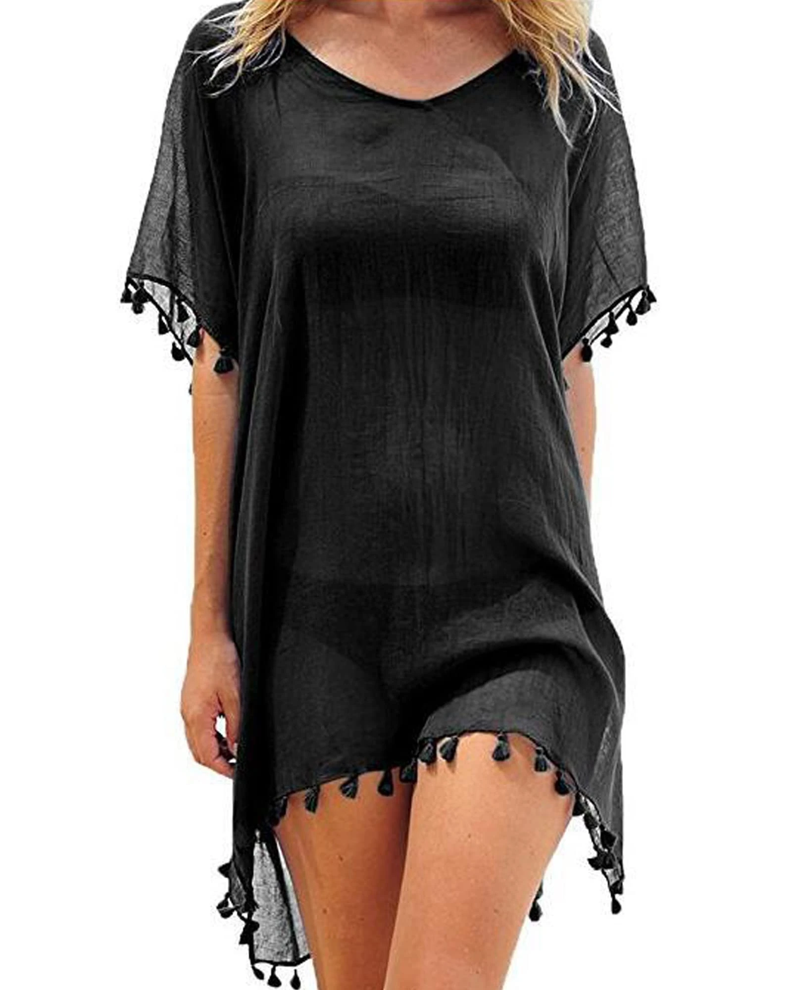 SANSIWU Women Swimsuit Cover Ups Solid Color Cutout Beach Cover Ups V-Neck Short Sleeve Hollow Out Crochet Dress Beachwear (Z-Black, One Size)