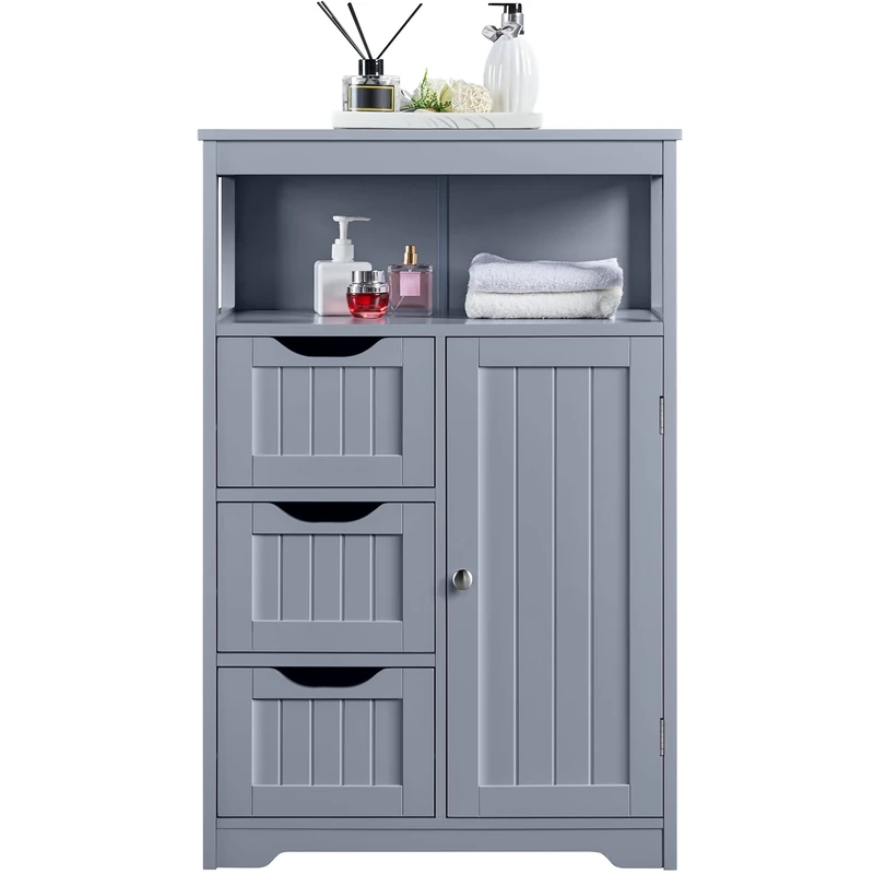 Yaheetech Bathroom Storage Units with Open Storage Shelf Free-standing Floor Cabinets Sideboard with 3 Drawers and 1 Door, Adjustable Shelf for Living Room Kitchen Entryway Gray