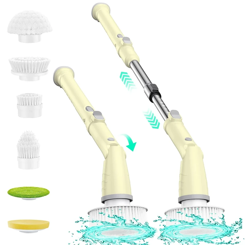 Electric Spin Scrubber, High-Speed Adjustable Cleaning Brush with 6 Replaceable Brush Heads & Long Handle, 11-in-1 Multi-Surface Power Scrubber for Bathroom, Tile, Tub, Floor, Glass, Sink (Yellow)