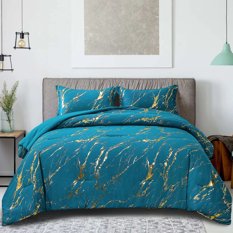 WONGS BEDDING Teal Gold Metallic Marble Comforter Set King Foil Print Glitter Bedding Sets with 2 Pillowcases for All Seasons, Soft Microfiber Filling Bedding Duvet Set 103"x90" - Image 1