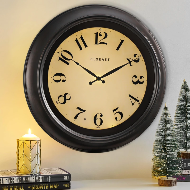 CLXEAST 18 Inch Large Modern Farmhouse Illuminated Wall Clock with AI Smart Night Light Sensor,Indoor Outdoor Wall Clocks for Living Room, Garden Patio,Porch,Pool,Oil Rubbed Bronze Black