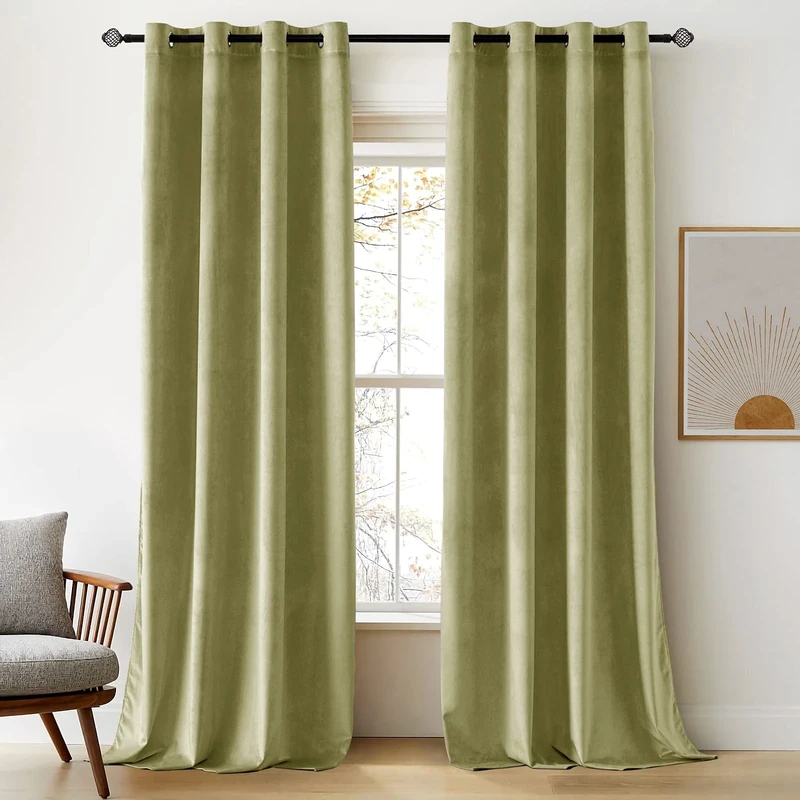 Woaboy Super Soft Velvet Blackout Curtains for Living Room Luxury Eyelet Drapes for Home Decoration Bedroom Window Treatment for Thermal Insulated & Room Darkening W 55 x L 88 Sage Green 2 Panles - Image 1