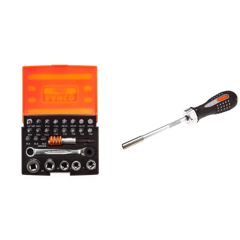 Bahco 2058/S26 Ratchet Socket Bit Set, 26 Pieces & BH808050 bit Ratchet Screwdriver, 255mm Length