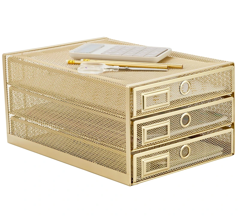 Annova Desk Organizer Wire Mesh 3 Tier Sliding Drawers Paper Sorter (Gold)