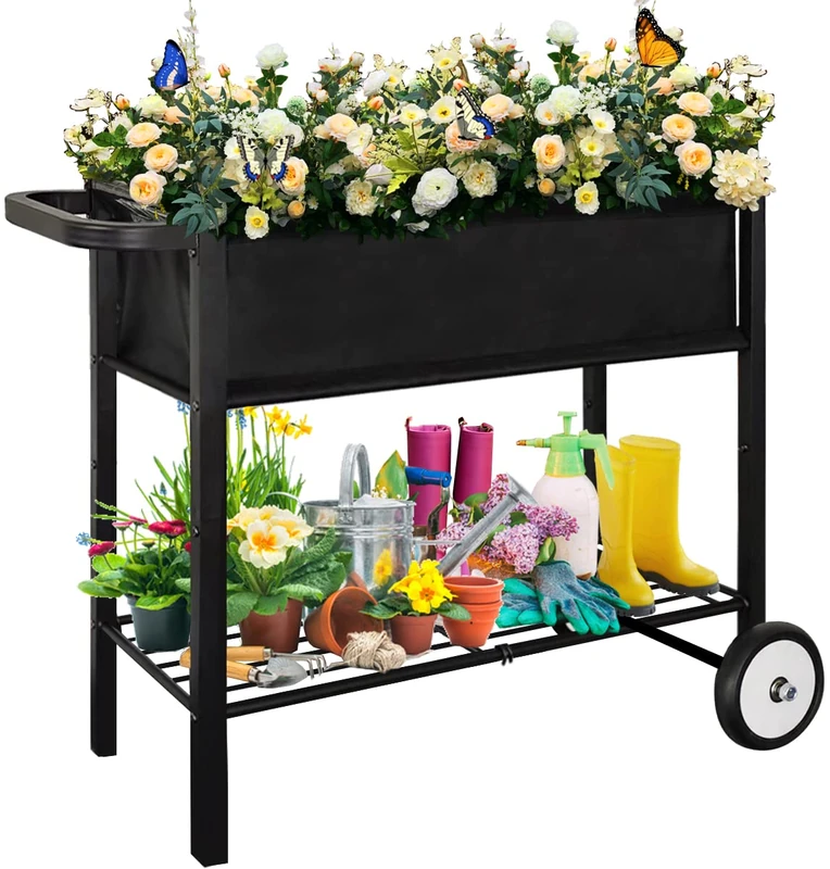Koutemie Outdoor Raised Planter Bed Box with Legs for Gardening, Elevated DIY Garden Cart on Wheels for Vegetables Flower Tomato Herb Plant, Black - Image 1