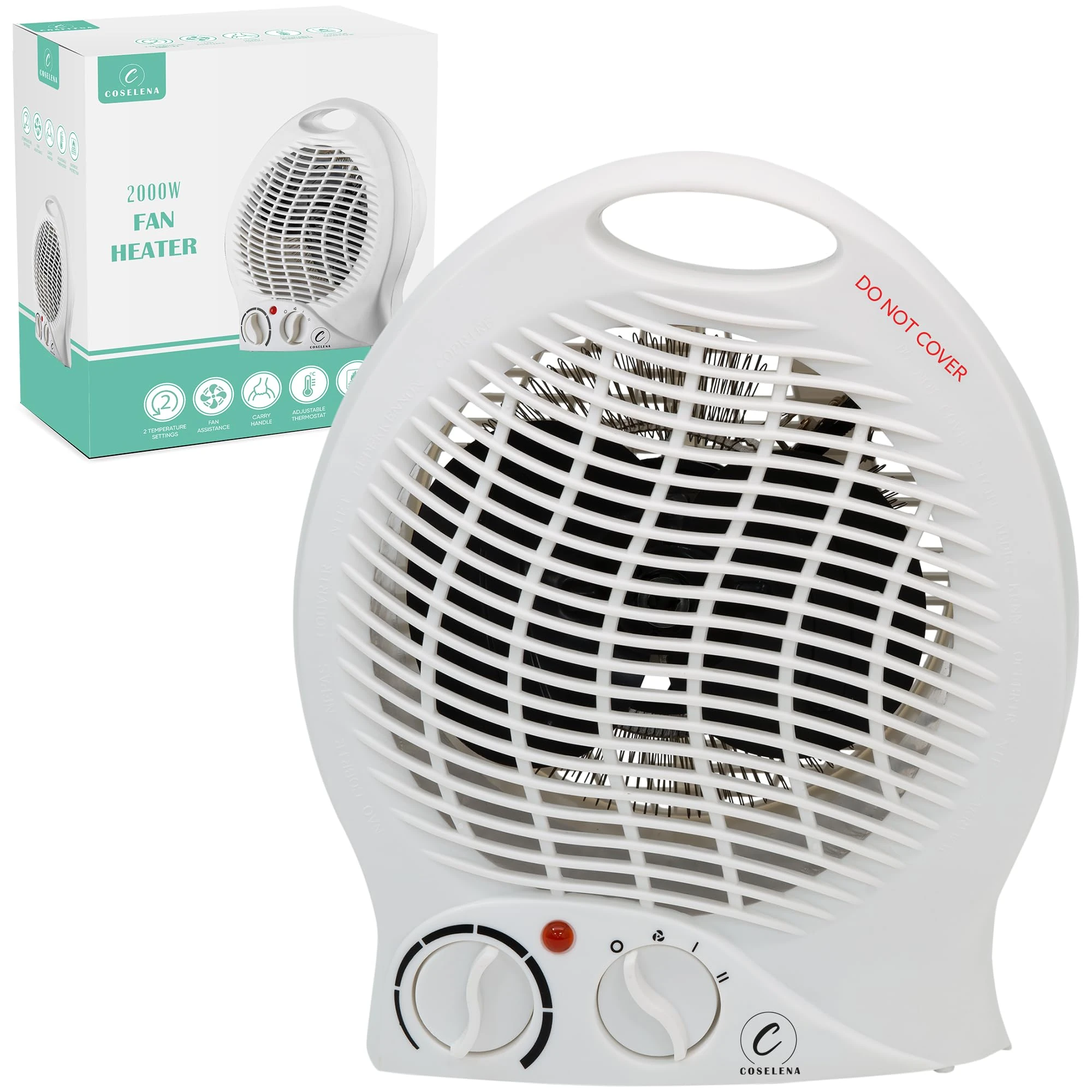 Coselena Electric Heater - 2KW Fan with 2 Heat Settings & Cooling Function - Portable with Adjustable Thermostat - Low Energy Silent Heating for Home, Office & Indoor Use - White