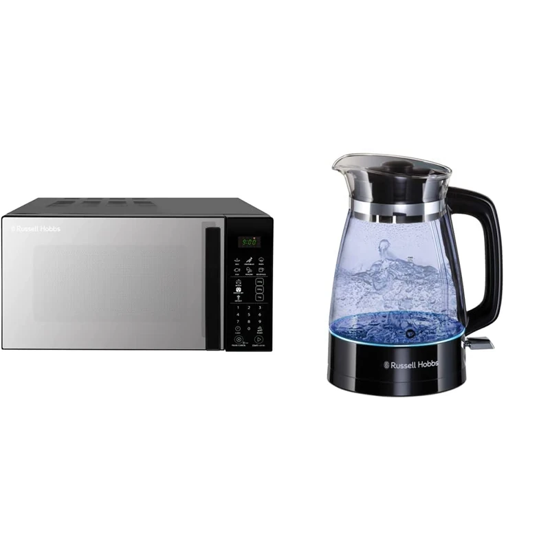 Russell Hobbs RHMT2004B 20L 800W Touch Control Digital Solo Microwave in Black & 26080 Hourglass Cordless Electric Glass Kettle, 1.7 Litre, 3000 Watt