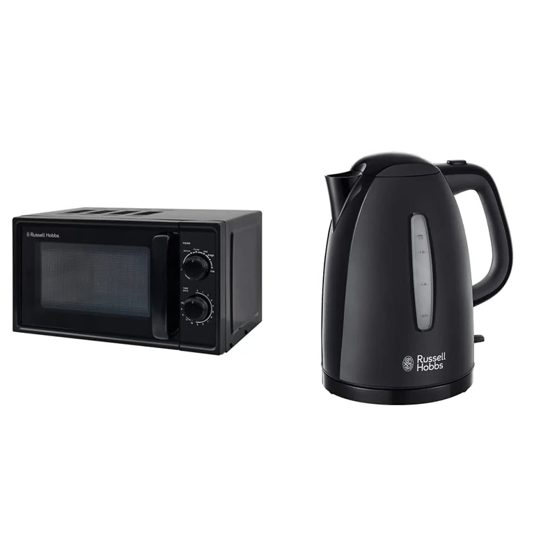 Russell Hobbs Textures 17 Litre Black Manual Microwave, RHM1725B & Textures Plastic Kettle 21271, 1.7 L, 3000 W - Black