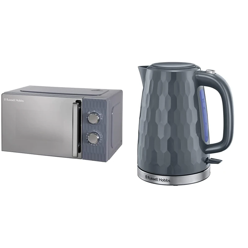 Russell Hobbs Honeycomb RHMM715G 17 Litre 700W Grey Solo Manual Microwave with 5 Power Levels, Integrated Timer and Defrost Function & 26053 Cordless Electric Kettle, 1.7 Litre, 3000 W, Grey