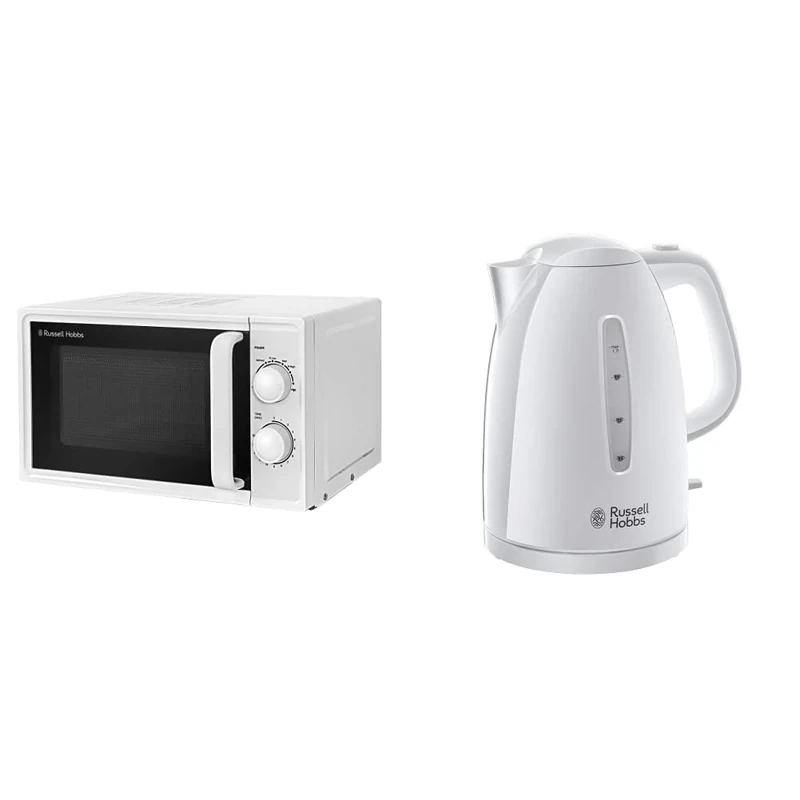 Russell Hobbs Textures 17 Litre White Manual Microwave, RHM1725 & 21270 Textures Plastic Kettle, 1.7 Litre, 3000 W, White