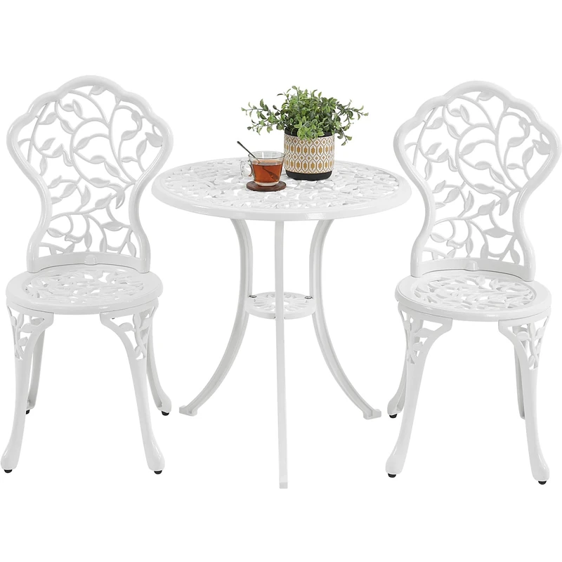 Yaheetech 3-Piece Bistro Dining Set, Outdoor Patio Table and Chairs Antique Aluminium Furniture for Garden Backyard Porch Balcony Lawn Pool, White
