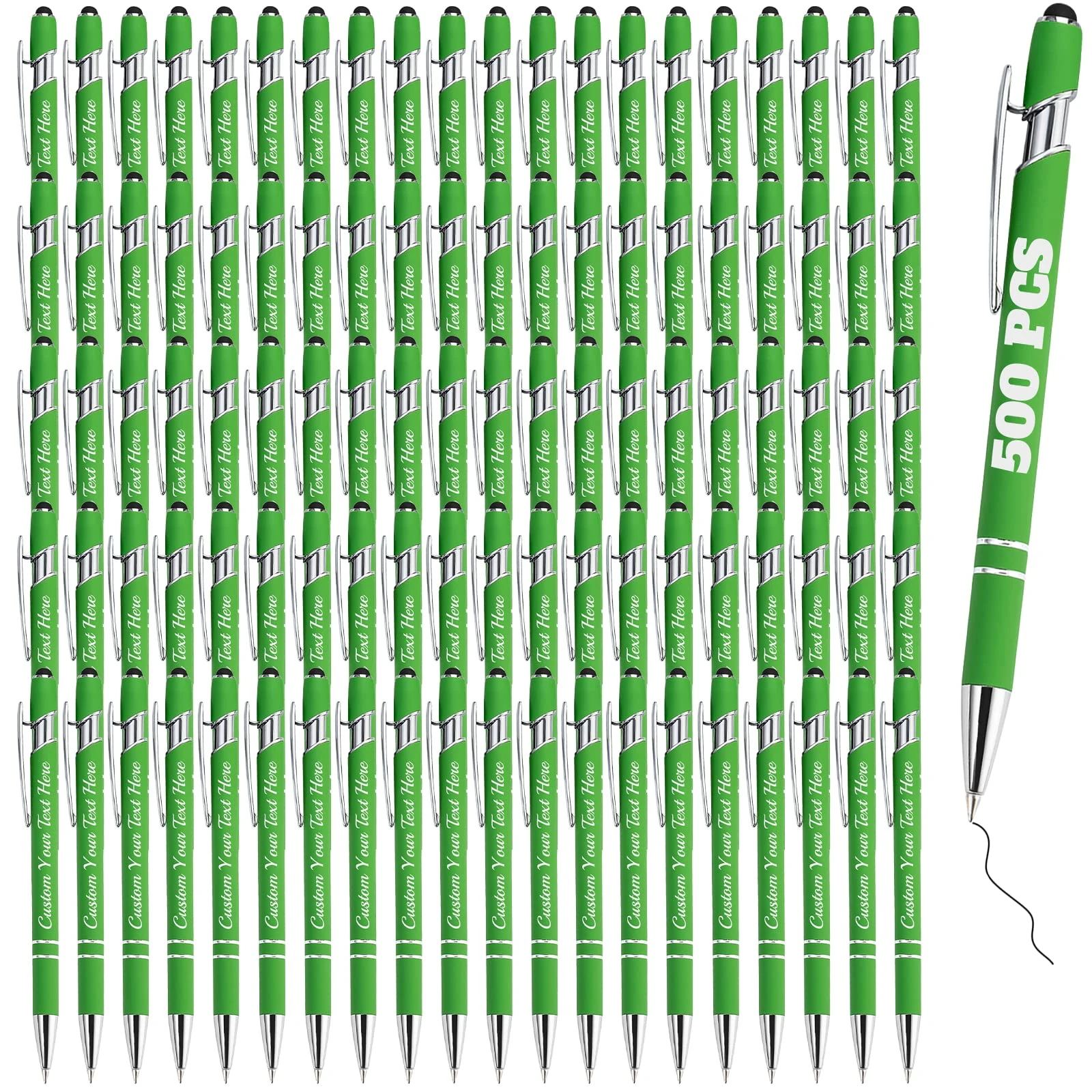 Personalised Pens Bulk 500 with Name Custom Engraving Ballpoint Pens with Stylus Tip Customised Smooth Writing Pens Personalised Gifts for Anniversary Birthday or Graduation(Light Green,Black Ink)