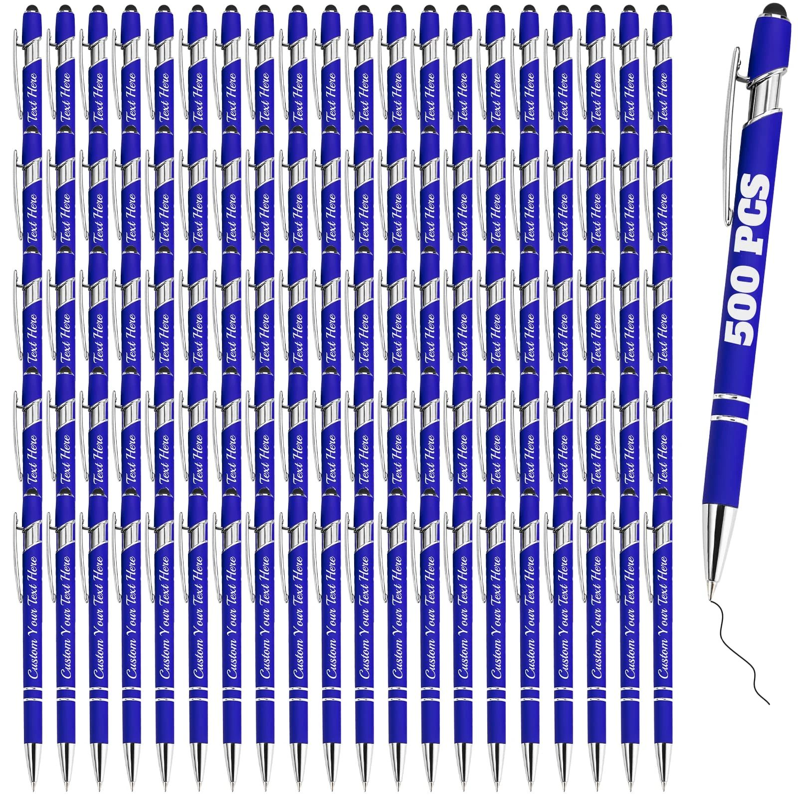 ABIsedrin Personalised Pens Bulk 500 with Name Custom Engraving Ballpoint Pens with Stylus Tip Customised Smooth Writing Pens Personalised Gifts for Anniversary Birthday or Graduation(Blue,Black Ink)