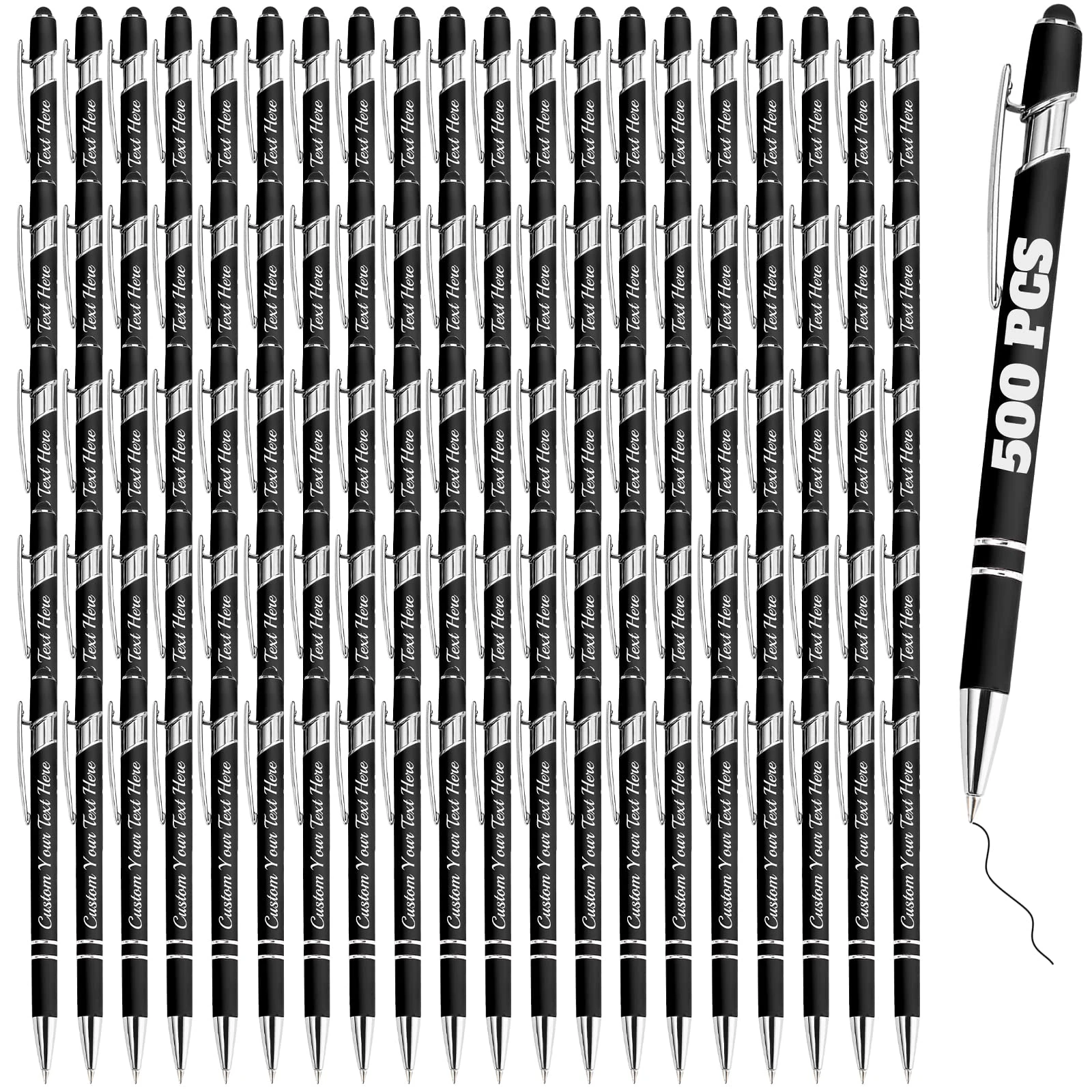 Personalised Pens Bulk 500 with Name Custom Engraving Ballpoint Pens with Stylus Tip Customised Smooth Writing Pens Personalised Gifts for Anniversary Birthday or Graduation(Black,Black Ink)