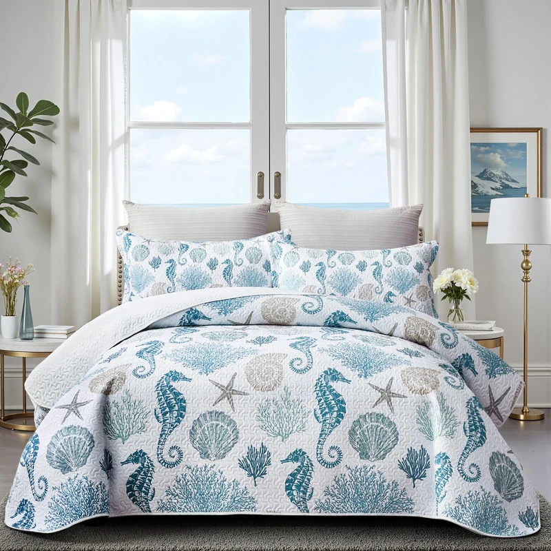 weesire Coastal Bedding King Size Coastal Quilt with 2 Shams, Nautical Bedding Beach Comforter Sets Ocean Bedspreads Blue Seahorse Coverlet Summer Bedding, 96''x106''