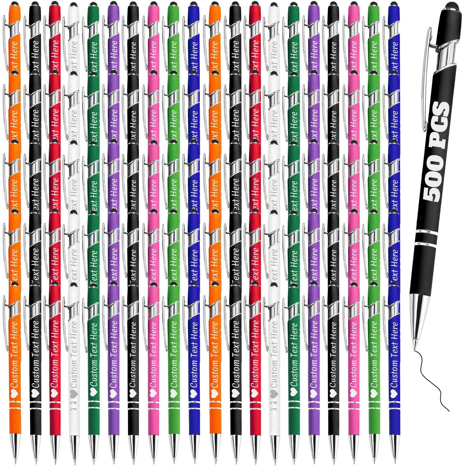Personalised Pens Bulk 500 with Name Custom Engraving Ballpoint Pens with Stylus Tip Customised Smooth Writing Pens Personalised Gifts for Anniversary Birthday or Graduation(Assorted,Black Ink)