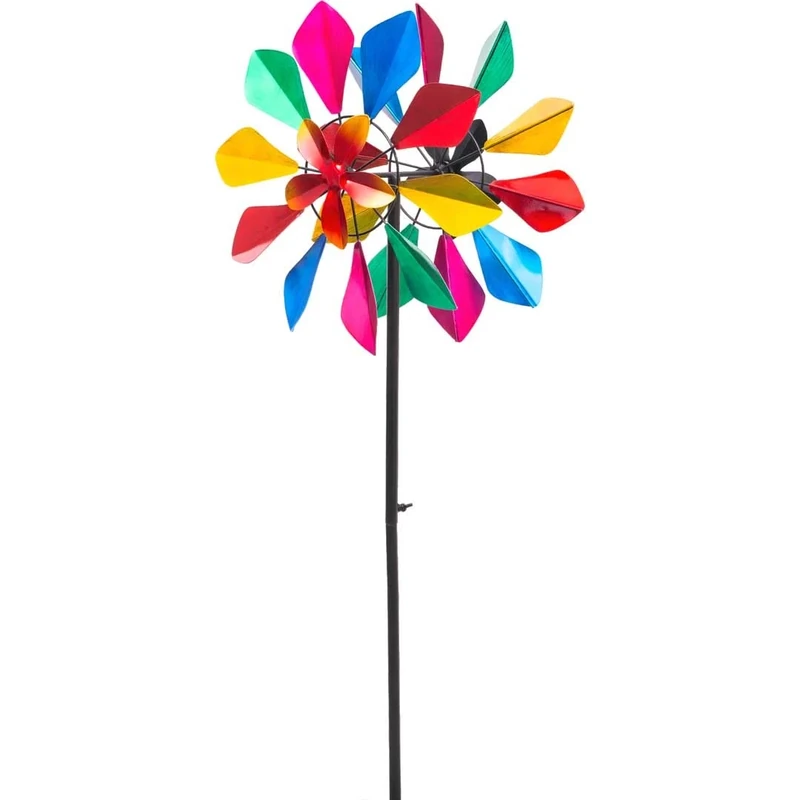 Kinetic Art - Metal Wind Chime - Includes Ground Anchor, Two Rotors for 3D Look, Colourful Magic Wind Chimes for the Garden Outdoor Standing (Multi-Colored Flower Duet)
