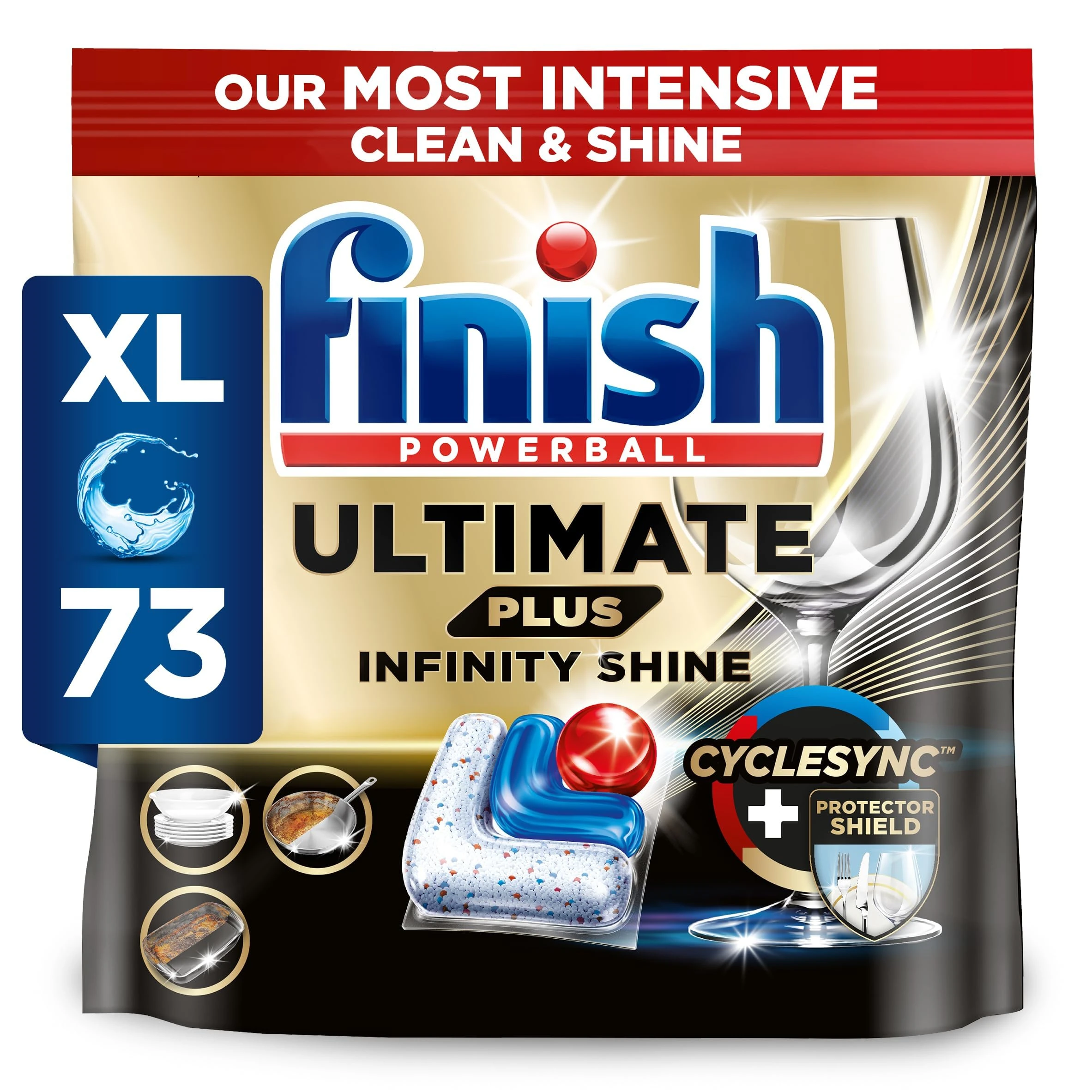 Finish Dishwasher Tablet, Ultimate Plus Infinity Shine, 73 Detergent Tablets, Fresh Scent, Tough on Grease, for Our Most Intensive Clean & Diamond Shine, Effective for Short Eco Cycle