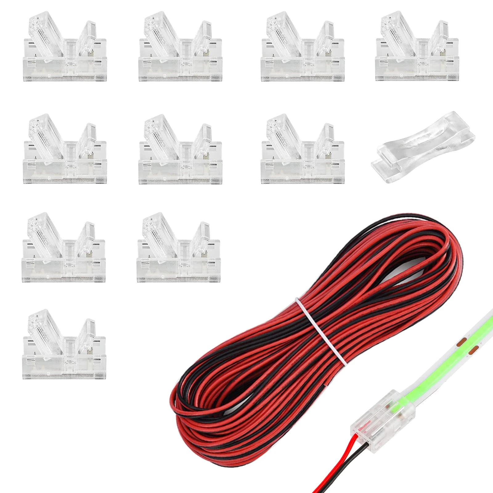 HOMELYLIFE 10 Pcs 2 Pin 10mm COB LED Strip Connectors, Strip to Wire Quick Connection Solderless Adapter for 10mm Width COB LED Strip Lights with 16.4ft 5m Extension Cable