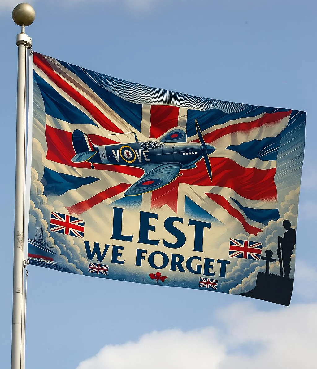 WW2 Flag, Large 3 x 5ft, Lest We Forget British Remembrance Day Banner - Union Jack Spitfire Soldier VE Day & VJ Day WWII Raise England Flags Memorabilia