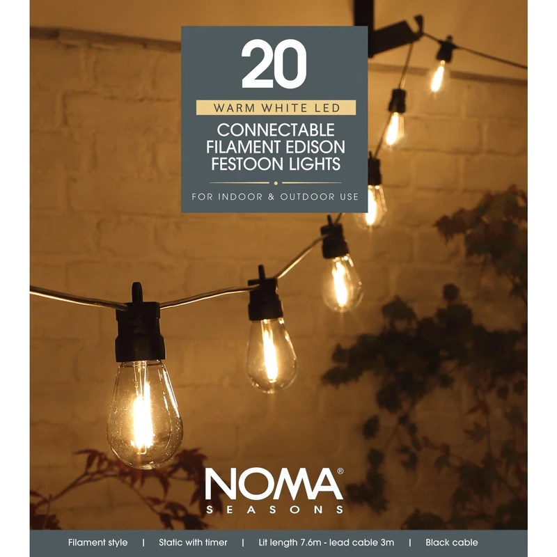 Noma Connectable Festoon Lights, 20 Small Edison Style LED Bulbs, 10.6 m
