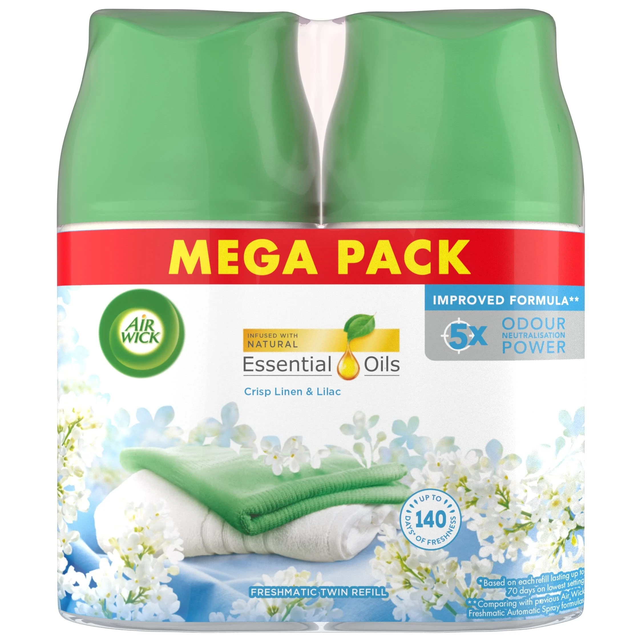 Air Wick Automatic Air Freshener Freshmatic Spray Twin Refills, Crisp Linen and Lilac, Pack 2 x 250ml, Natural Essential Oils, Last up to 140 Days, Air freshener