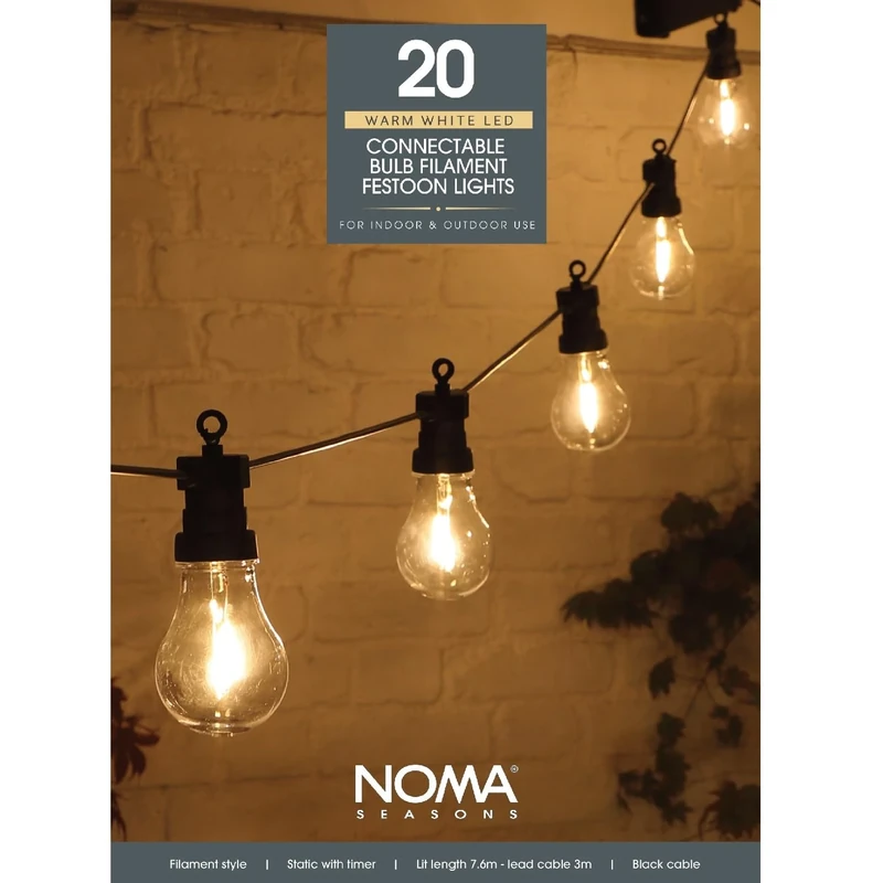 Noma Hanging Connectable Festoon Lights, 20 LED Bulbs, 10.6 m