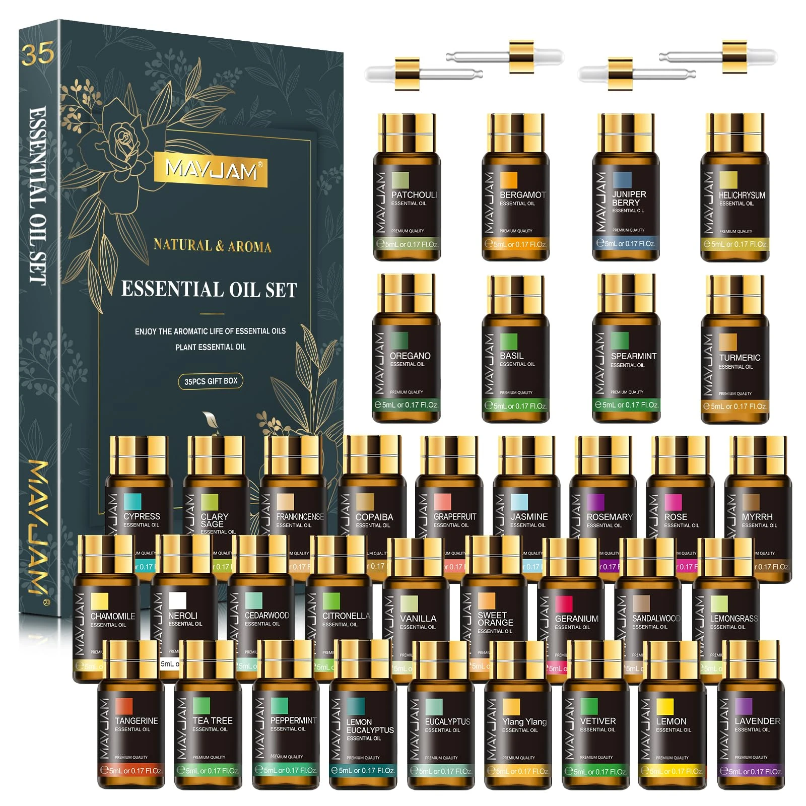 MAYJAM Essential Oils Set 35 x 5 mL - Essential Oils Gift Set for Humidifier, Diffusers, Home, DIY