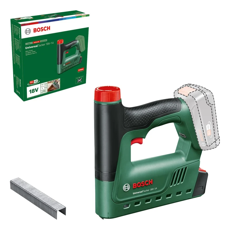 Bosch Cordless Stapler/Staple Gun UniversalTacker 18V-14 (Stapling in Soft and Hard Wood; for Staples and Nails; Bottom Fire; 18 Volt System; 1000 Fine Wire Staples; Without Battery)