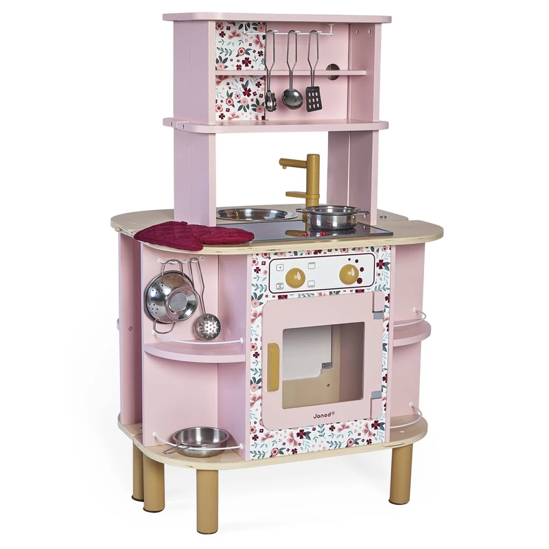 Janod - Twist Children’s Wooden Kitchen - Double-Sided Kitchen - 8 Accessories Included - Oven, Rotary Knobs, Sound Effects - 3 Years +, J06616