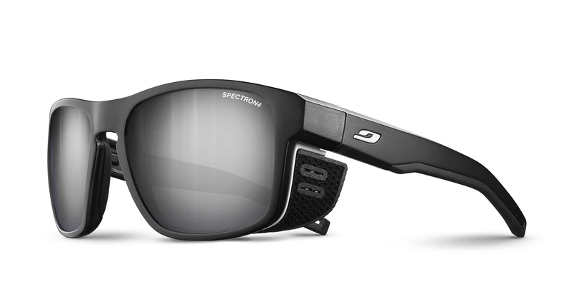 Julbo Shield M Mountain Sunglasses for Men & Women w/Removable Spandex Shields for Hiking, Skiing, Snow - 100% UV Protection, Back/White Frame - Brown Lens W/ Silver Mirror (Spectorn 4), M