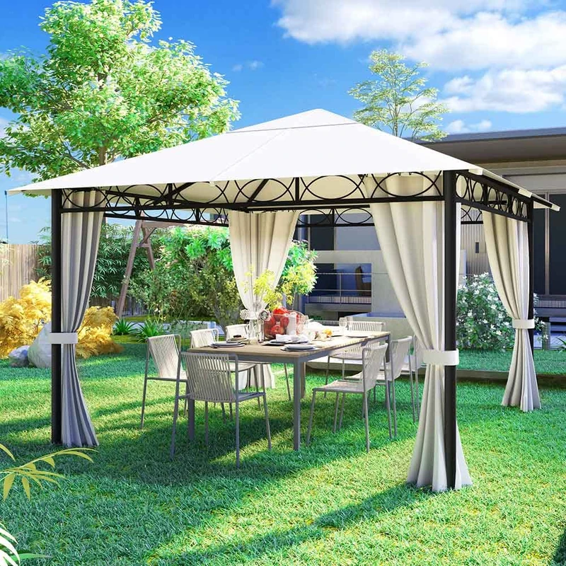 BAKAJI Garden Gazebo 3 x 3 m Beige in Sturdy Metal with Curtains with Zip Closure, Ideal for Outdoors, Waterproof Tarpaulin, Iron Tubular Structure, Elegant and Modern Design (3 x 3 Metres)