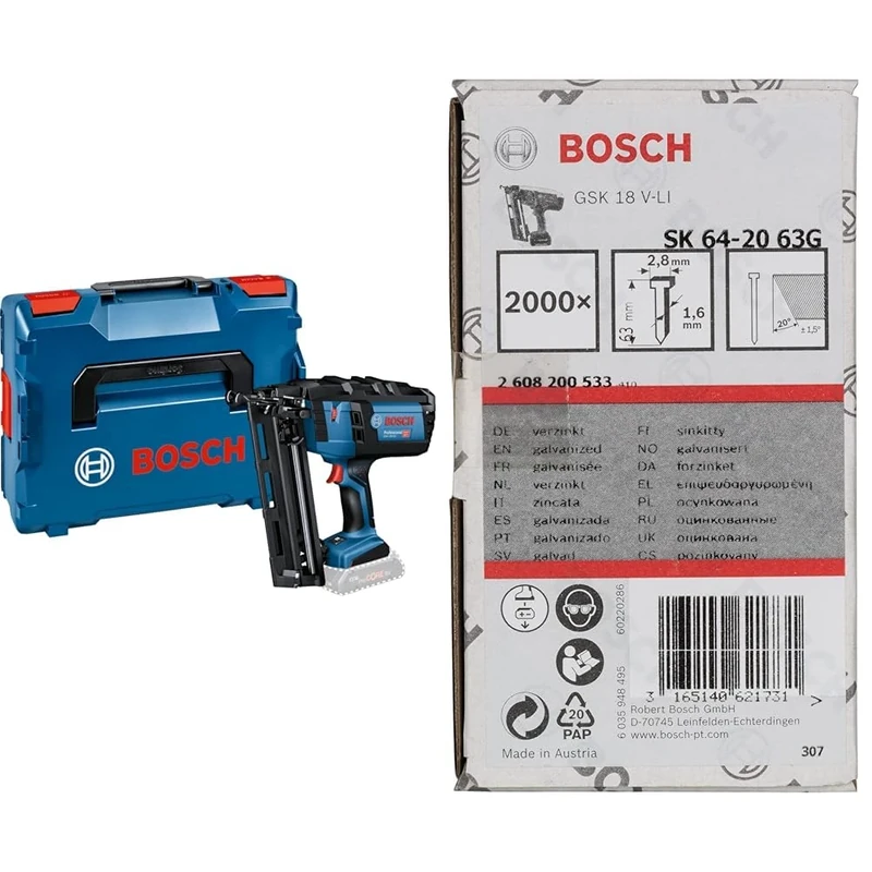Bosch Professional System GNH 18V-64 Battery Nailer Gun (Nail Dia. 1.6 mm, max. Nail Length 64 mm, excluding Rechargeable Batteries, Charger, in L-BOXX 136) + SK64-20 Stapling Nail Galvanised, 63mm