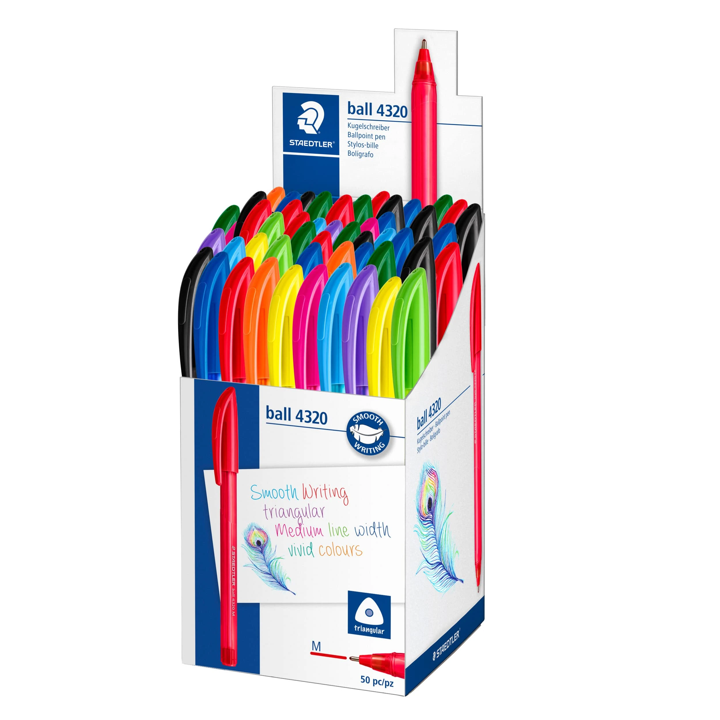 STAEDTLER Ballpoint Pens - Rainbow Stick Pen - Medium Point - 10 Assorted Colours - Pack of 50, 4320 MKP50