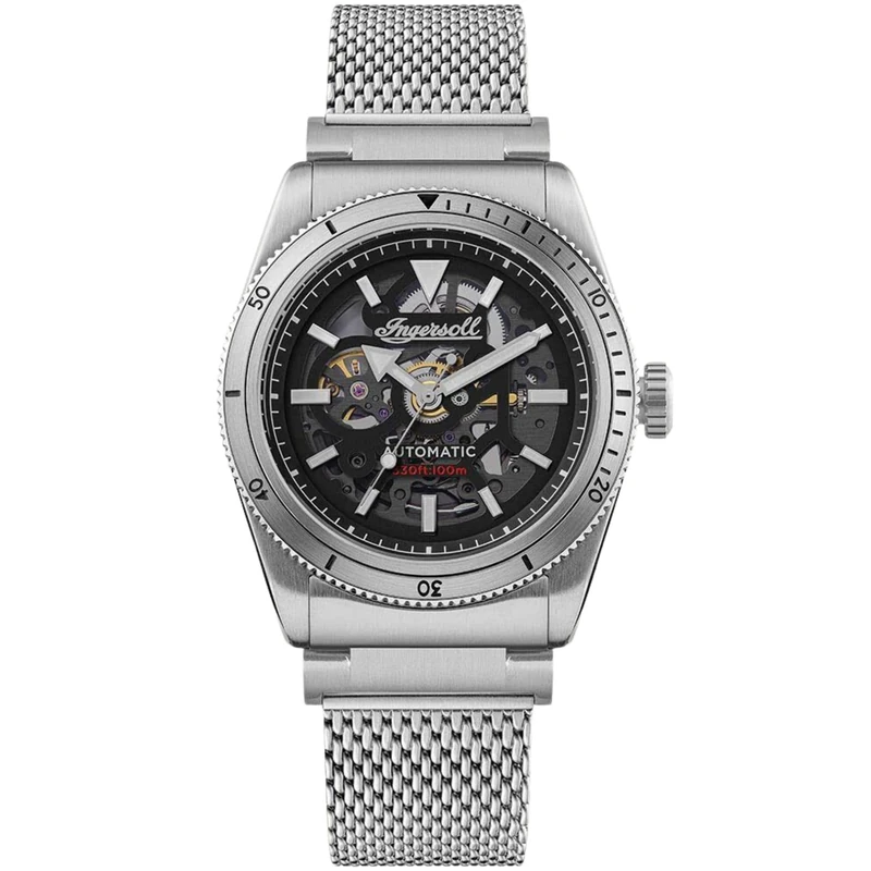 Ingersoll 1892 The Scovill Mens 43mm Automatic Watch with Black Skeleton Dial and Silver Stainless Steel Strap I13903