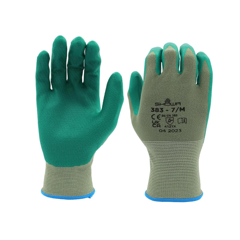 SHOWA 383, Mechanical and Industrial Protective Gloves, Nitrile Palm Coating, Biodegradable, Green, 12 Pairs, Size Medium